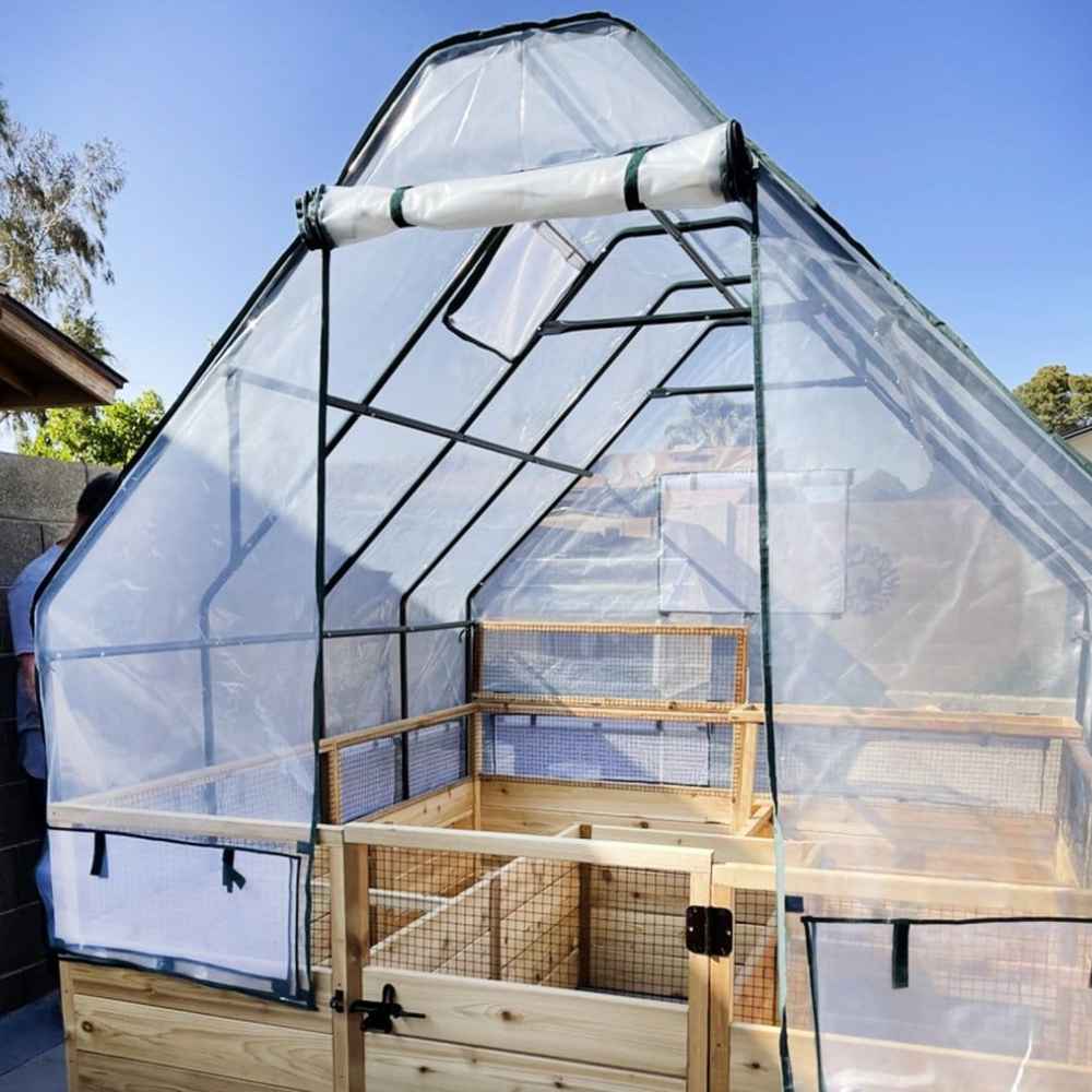 Outdoor Living Today 8×8 Raised Garden Bed is enclosed by a clear plastic greenhouse cover supported by a black frameOutdoor Living Today 8×8 Raised Garden Bed is enclosed by a clear plastic greenh