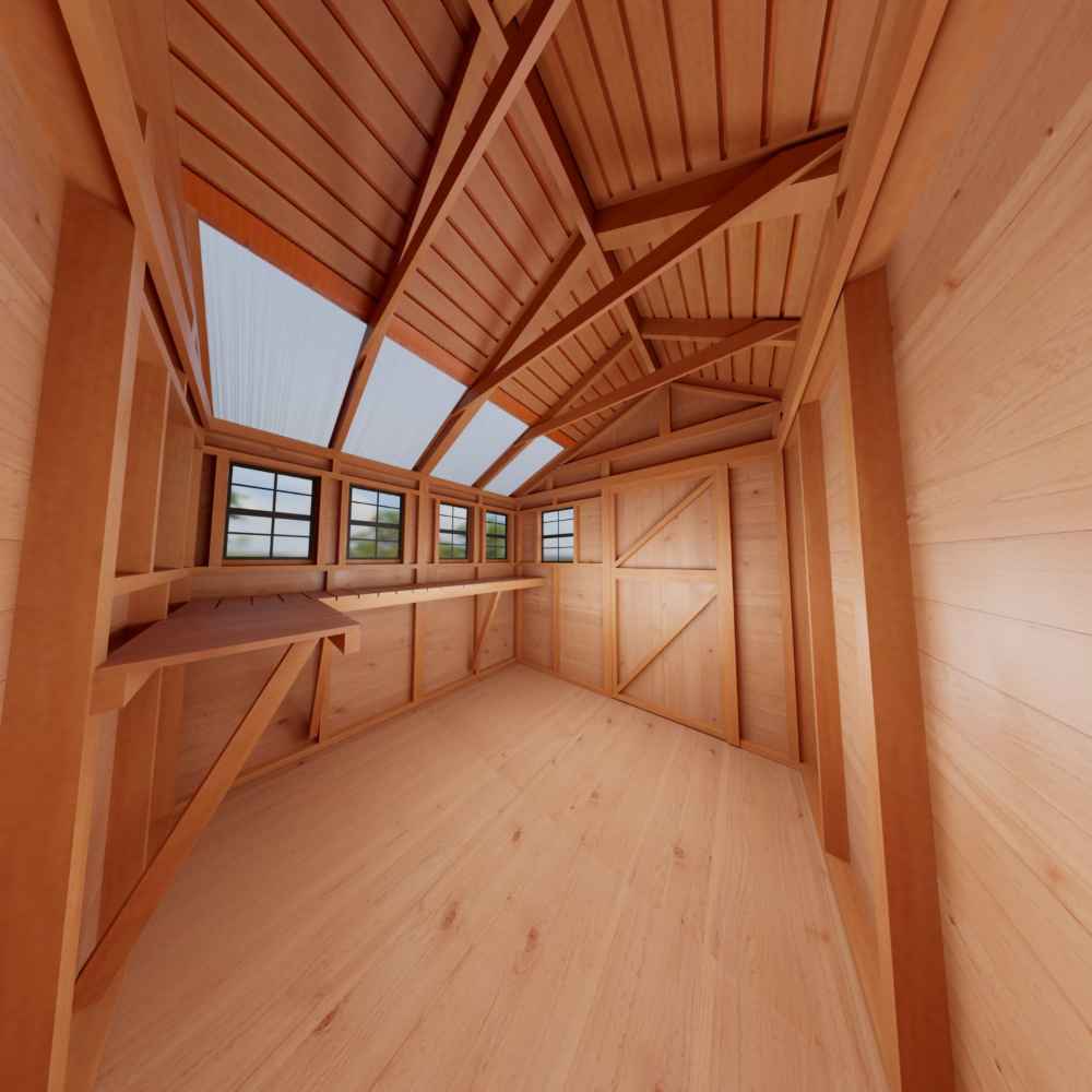 Outdoor Living Today 8×8 Sunshed Garden Shed has a bright wooden interior with tall rafters, a workbench, and sunlight streaming through clear roof panels
