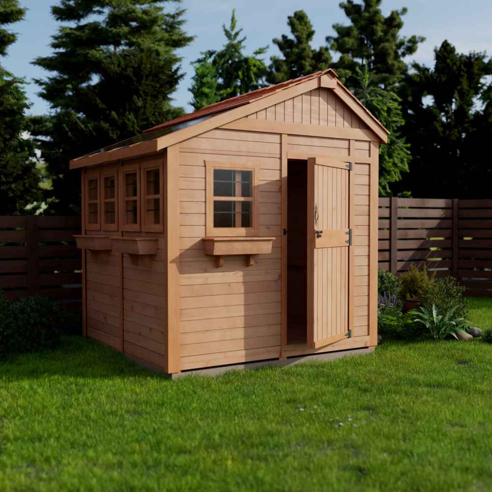 Outdoor Living Today 8×8 Sunshed Garden Shed is pictured from the side