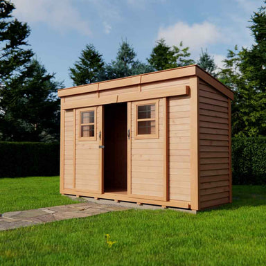 Outdoor Living Today GardenSaver 12×4 with Sliding Doors is featured on a lawn with doors ajar