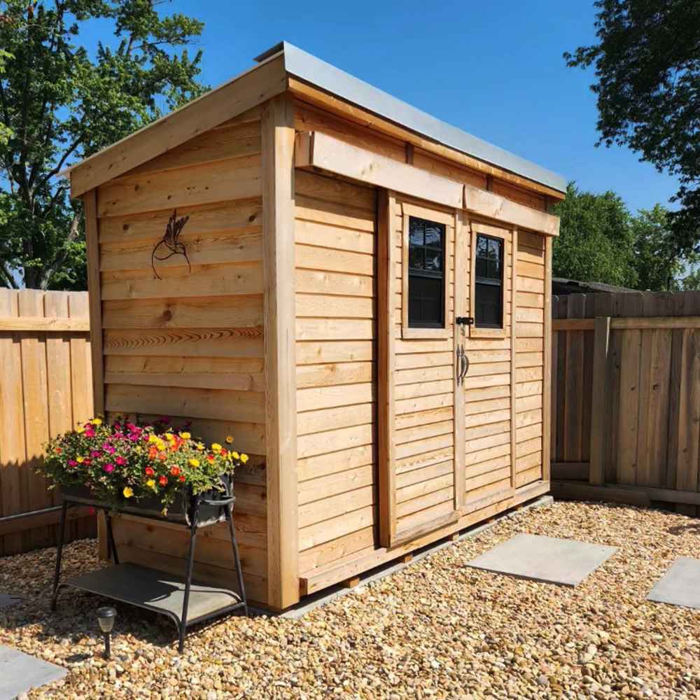 Outdoor Living Today GardenSaver 12×4 with Sliding Doors is shown in a garden with flowers and gravel