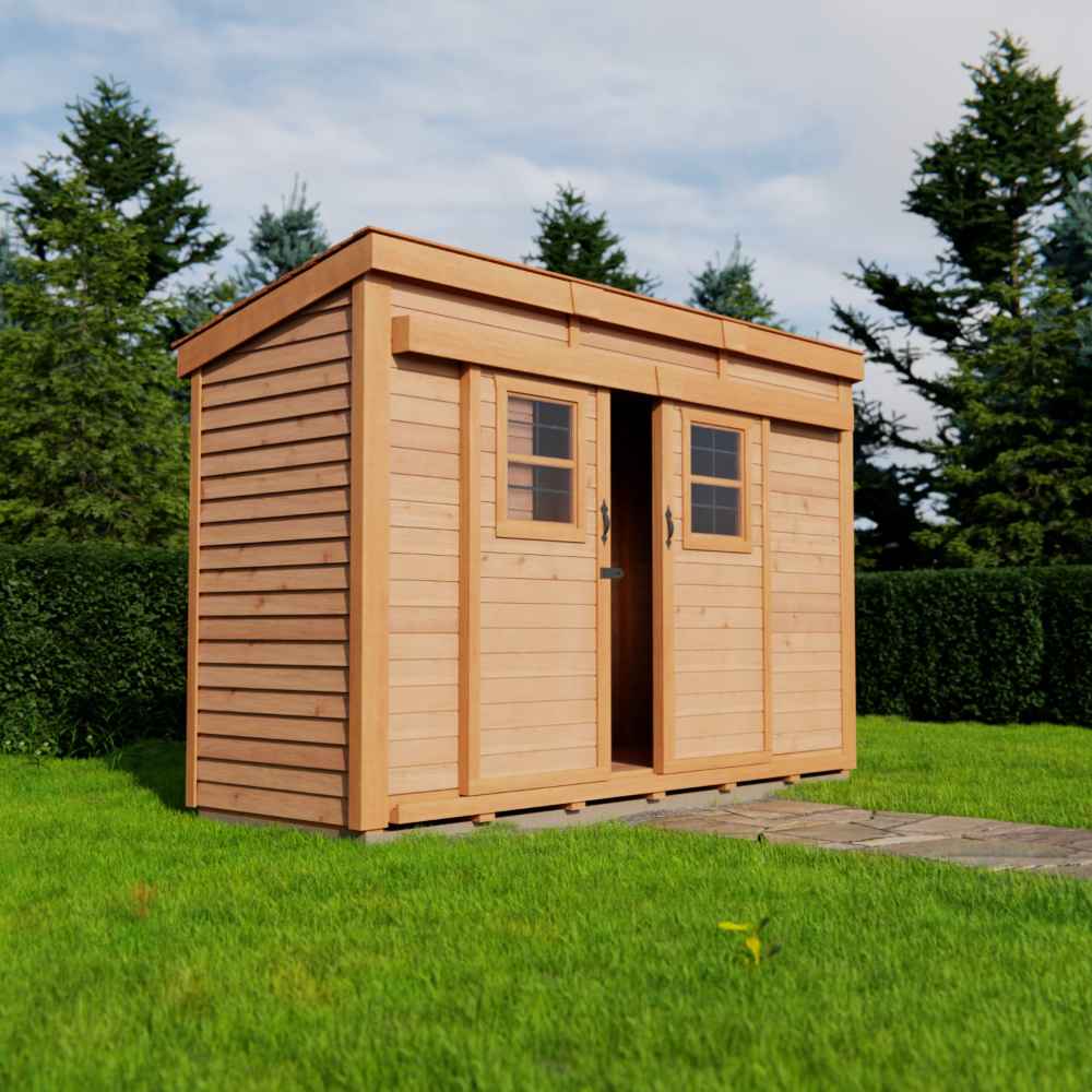 Outdoor Living Today GardenSaver 12×4 with Sliding Doors sits on green grass with both sliding doors partially open