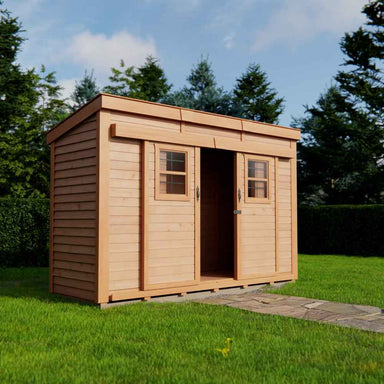 Outdoor Living Today GardenSaver 12×4 with Sliding Doors stands open in a sunny yard