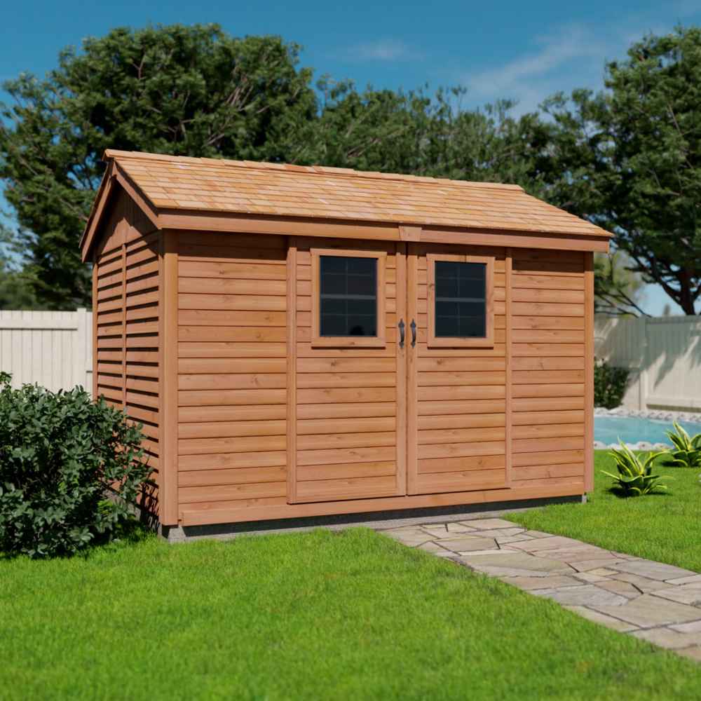 Outdoor Living Today Large 12×8 Cabana Garden Shed is pictured with closed double doors and two windows, set on a lawn with a stone walkway leading up