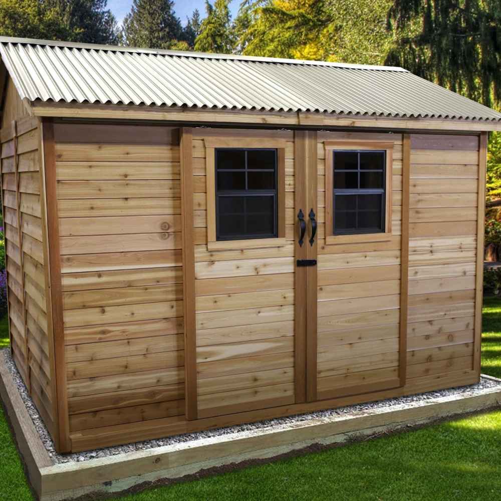 Outdoor Living Today Large 12×8 Cabana Garden Shed is shown fully closed with matching double doors, square paned windows, and a neatly framed gravel foundation
