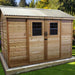 Outdoor Living Today Large 12×8 Cabana Garden Shed is shown fully closed with matching double doors, square paned windows, and a neatly framed gravel foundation