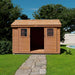 Outdoor Living Today Large 12×8 Cabana Garden Shed is shown with its double doors open, revealing a dark interior and a stone path leading to the entrance