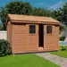 Outdoor Living Today Large 12×8 Cabana Garden Shed is shown with one door open and two small windows on a grassy lawn with a stone path