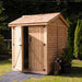 Outdoor Living Today Maximizer 6×6 Wooden Shed has its doors slightly open, revealing a glimpse of stored tools inside