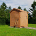 Outdoor Living Today Maximizer 6×6 Wooden Shed is seen from an angle with garden tools leaning against its side and its sturdy roof visible