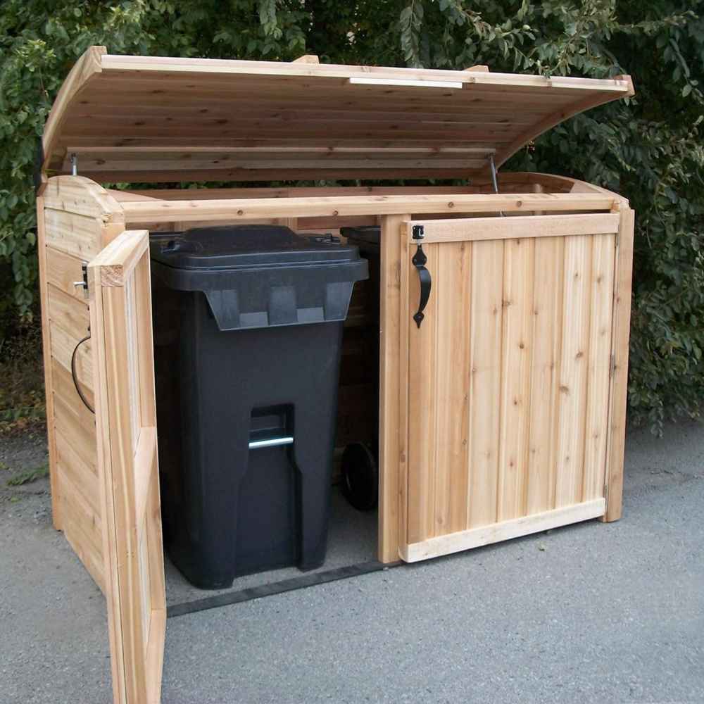 Outdoor Living Today Oscar Storage Shed is partially open from the top and left door, showing one trash bin inside while the right side remains closed