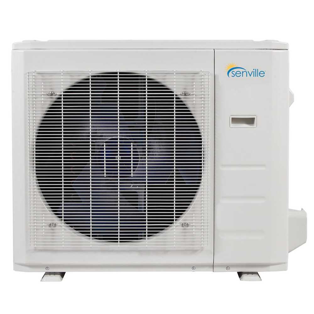 Outdoor compressor unit of the Senville 18000 BTU Dual Zone Mini Split Air Conditioner - Heat Pump - SENA18HFD is shown with a large fan and protective grille
