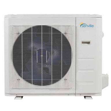 Outdoor compressor unit of the Senville 18000 BTU Dual Zone Mini Split Air Conditioner - Heat Pump - SENA18HFD is shown with a large fan and protective grille