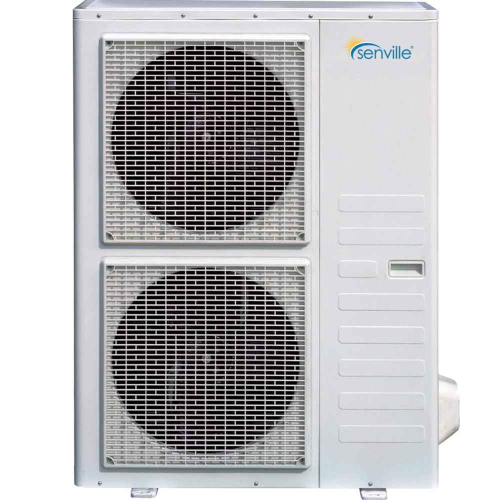 Outdoor condenser unit with dual fans is displayed for the Senville 48000 BTU Dual Zone Mini Split Air Conditioner - Heat Pump - SENA48HFD