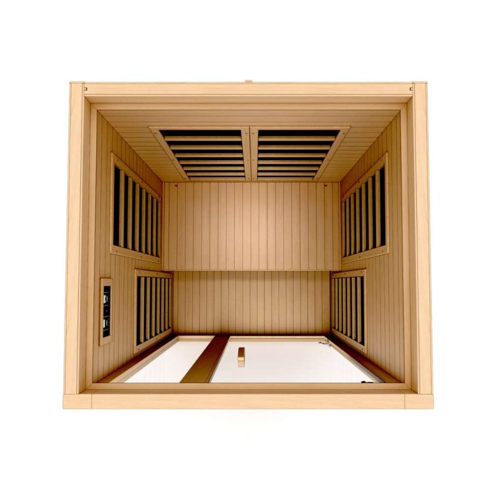 Overhead view into Golden Designs Dynamic Gracia 1-2 Person Low EMF Far Infrared Sauna showing the bench, side carbon panels and the open front