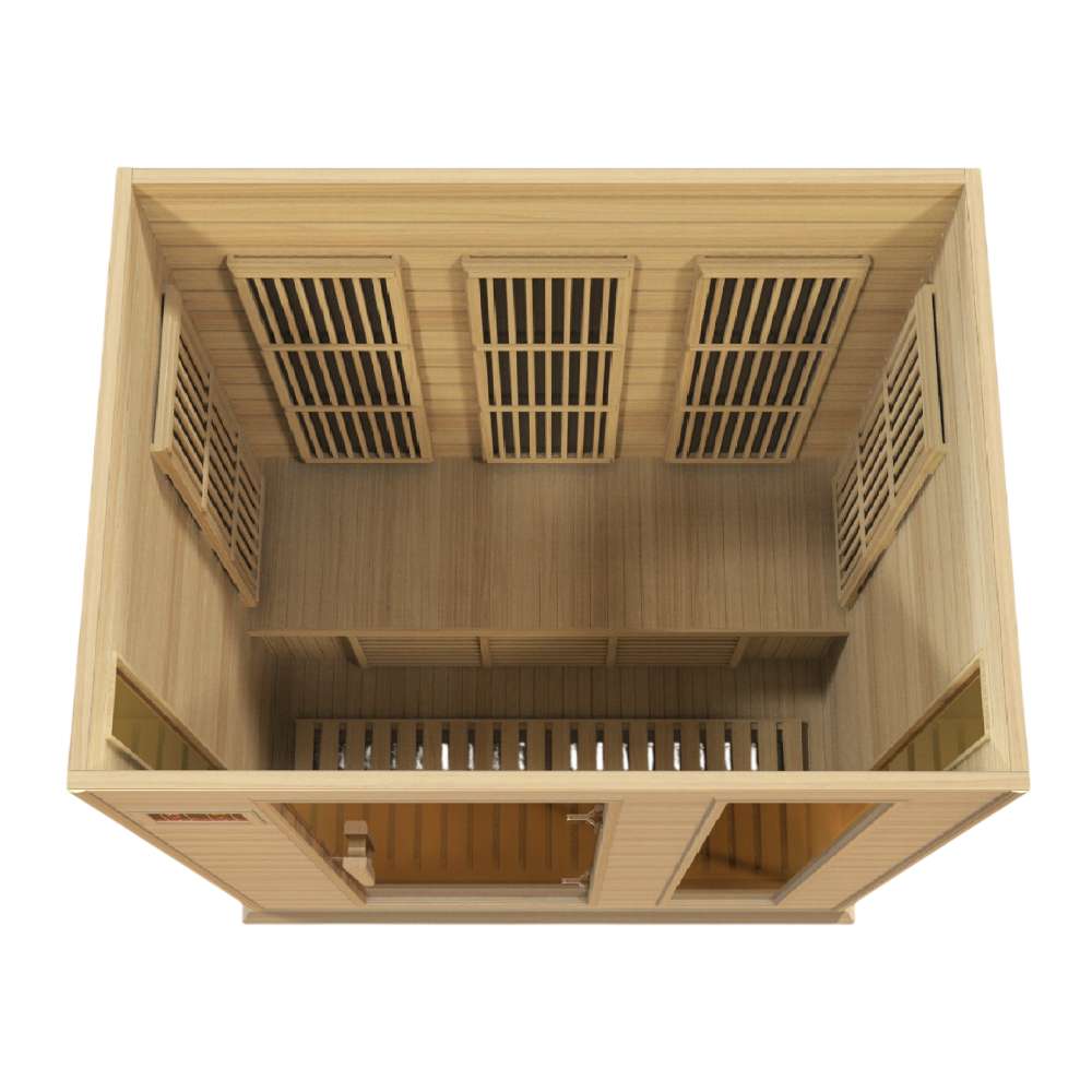 Overhead view into Golden Designs Maxxus 3 Person Low EMF Far Infrared Sauna in Hemlock showing the wide bench and carbon panels on every wall