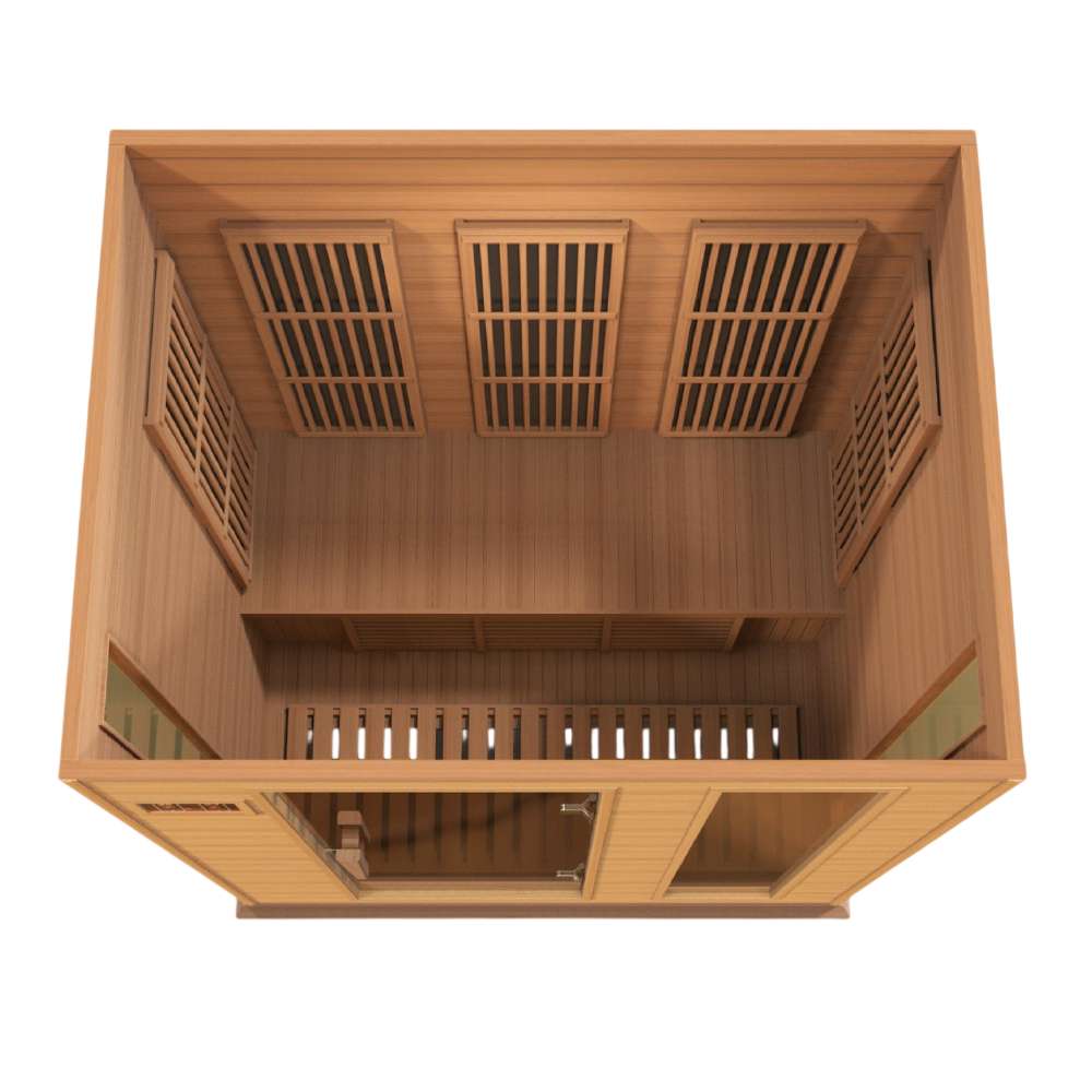 Overhead view into Golden Designs Maxxus Montilemar 3 Person Near Zero EMF Far Infrared Sauna in Red Cedar showing the bench and carbon panels on every wall