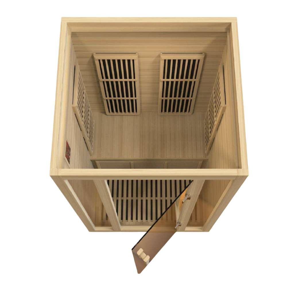 Overhead view into Golden Designs Maxxus Seattle 2 Person Near Zero EMF Far Infrared Sauna with the glass door swung open