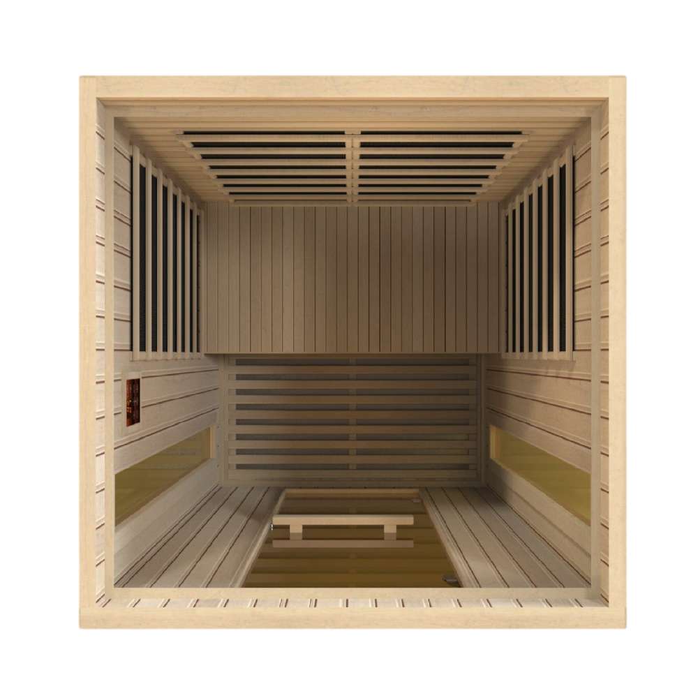 Overhead view into Golden Designs Maxxus Serenity Dual Tech 2 Person Low EMF Far Infrared Sauna showing the bench and heaters on every wall