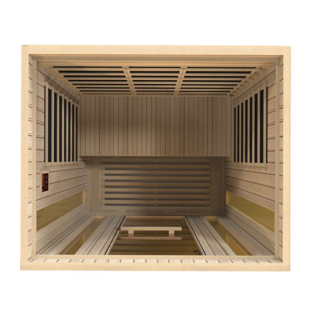Overhead view into Golden Designs Maxxus Trinity Dual Tech 3 Person Low EMF Far Infrared Sauna showing the wide bench and heaters on every wall
