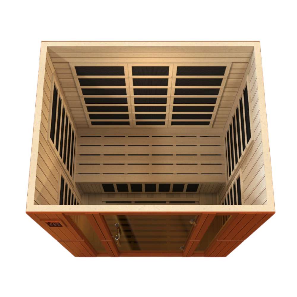 Overhead view looking into Golden Designs Dynamic Bellagio 3 Person Low EMF Far Infrared Sauna with carbon panels on the walls and a light wood interior