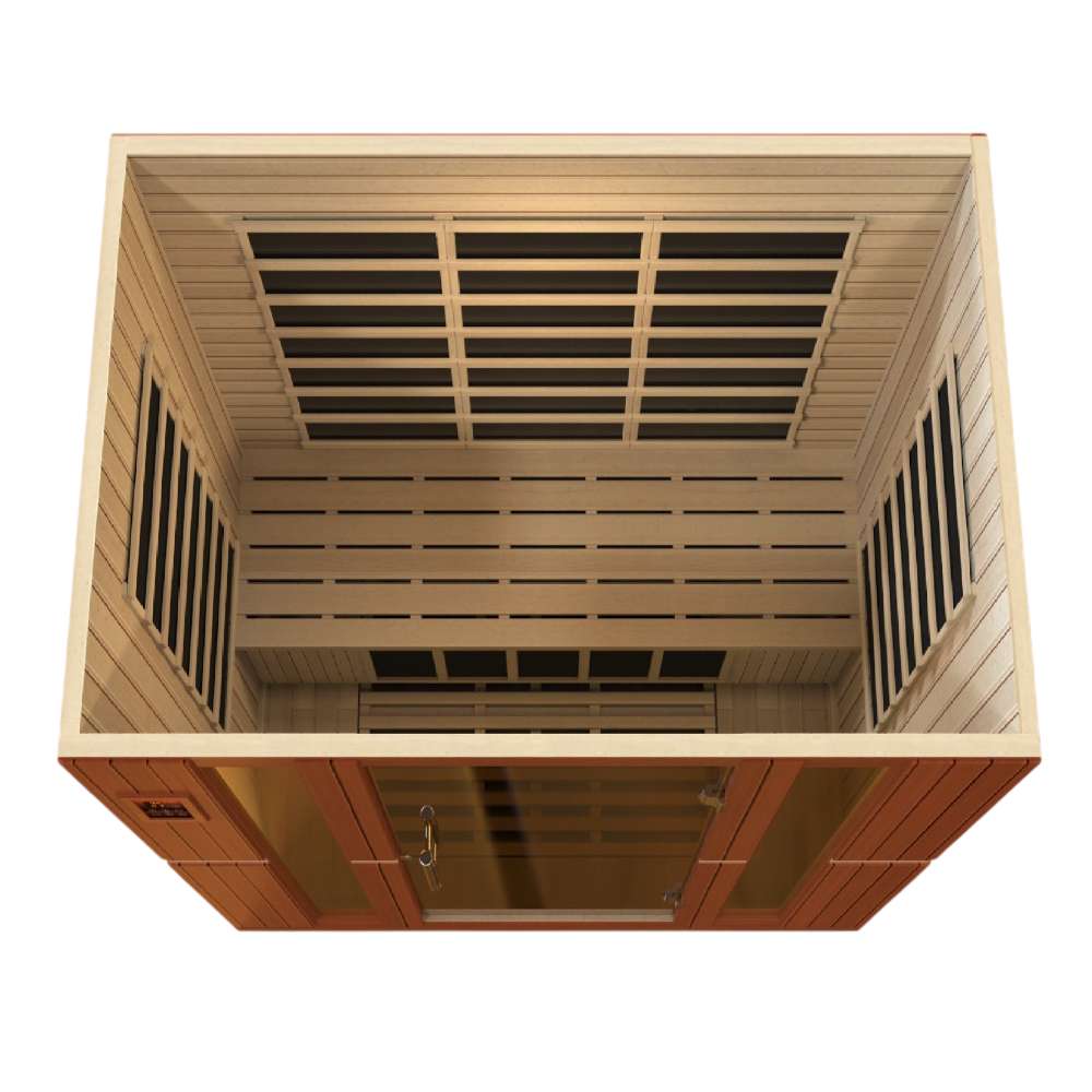 Overhead view looking into Golden Designs Dynamic Bergamo 4 Person Low EMF Far Infrared Sauna with carbon panels on the walls and a light wood interior