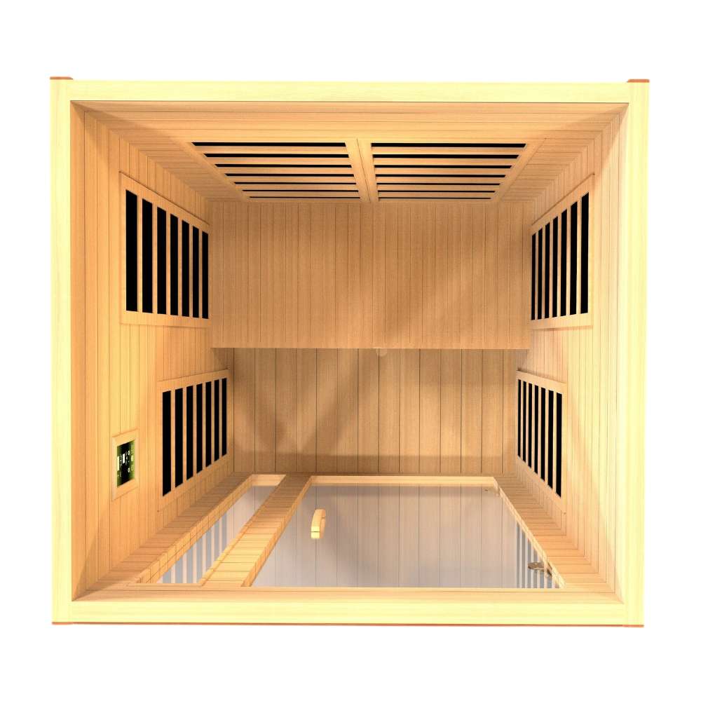 Overhead view looking into Golden Designs Dynamic Cordoba 2 Person Low EMF Far Infrared Sauna with carbon panels on every wall