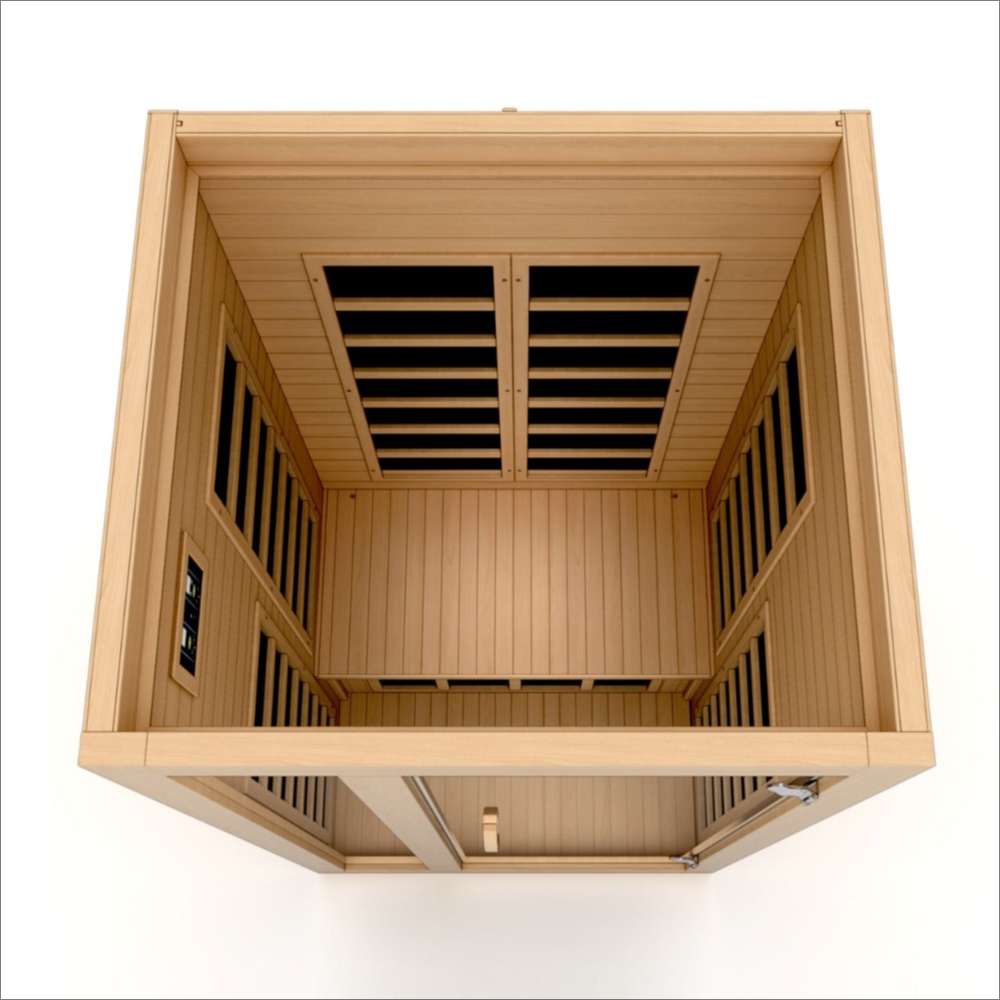 Overhead view looking into Golden Designs Dynamic Gracia Elite 1-2 Person Ultra Low EMF Far Infrared Sauna with carbon panels on every wall