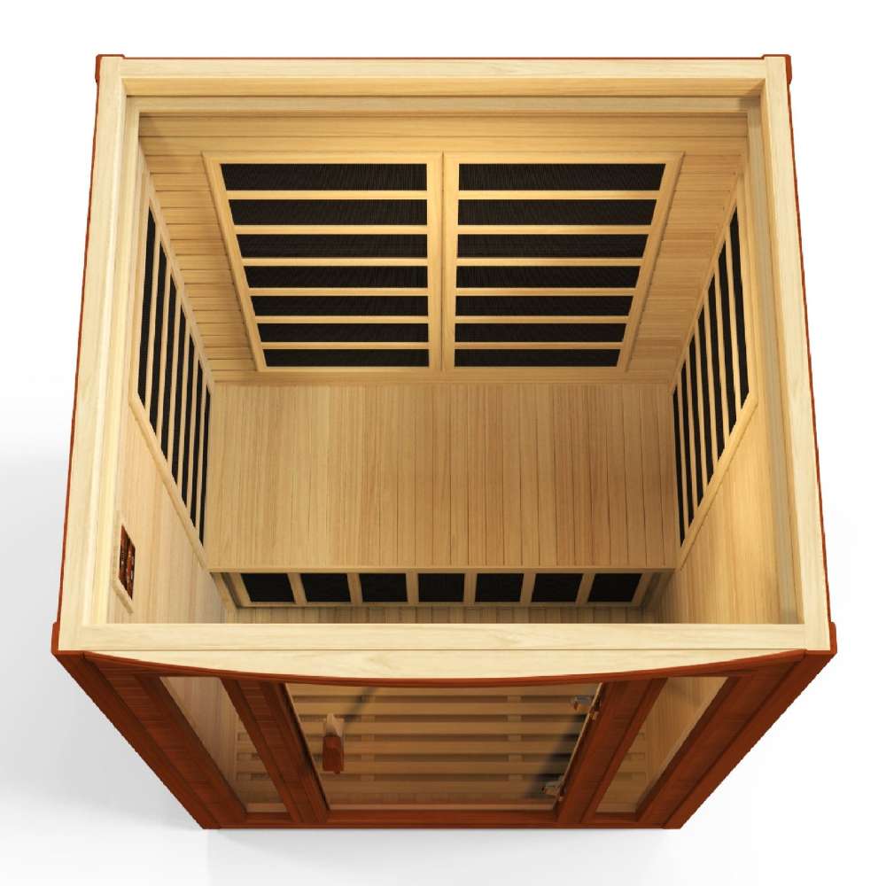 Overhead view looking into Golden Designs Dynamic San Marino 2 Person Low EMF Far Infrared Sauna with carbon panels on the walls and a light wood interior