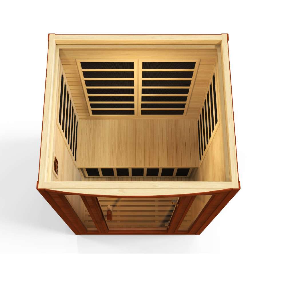 Overhead view looking into Golden Designs Dynamic San Marino Elite 2 Person Ultra Low EMF Far Infrared Sauna with carbon panels on the walls and a light wood interior