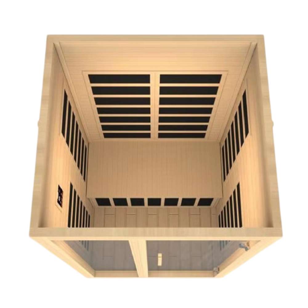 Overhead view looking into Golden Designs Dynamic Santiago 2 Person Low EMF Far Infrared Sauna with carbon panels on every wall