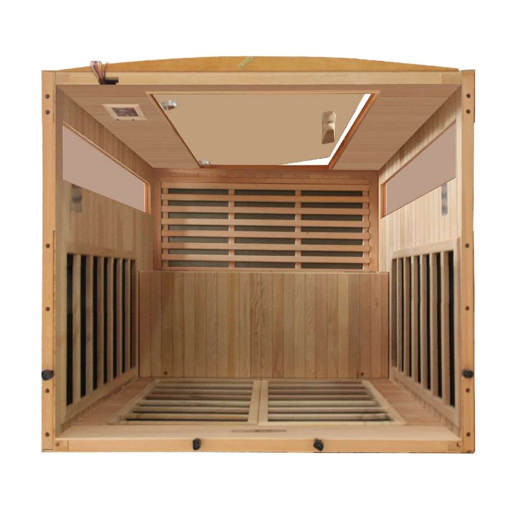 Overhead view looking into Golden Designs Dynamic Versailles 2 Person Low EMF Far Infrared Sauna with carbon panels on the walls and a light wood floor