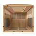 Overhead view looking into Golden Designs Dynamic Versailles 2 Person Low EMF Far Infrared Sauna with carbon panels on the walls and a light wood floor