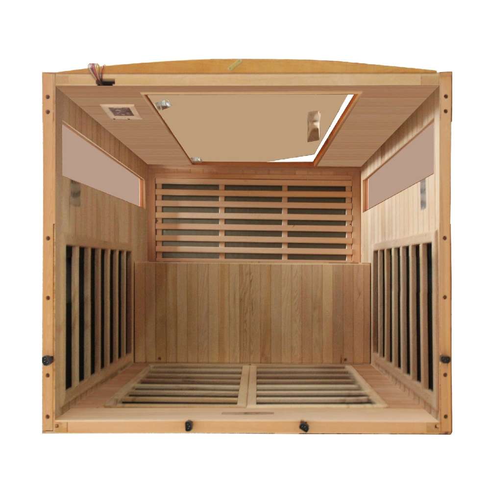 Overhead view looking into Golden Designs Dynamic Versailles Elite 2 Person Ultra Low EMF Far Infrared Sauna with carbon panels on the walls and a light wood floor