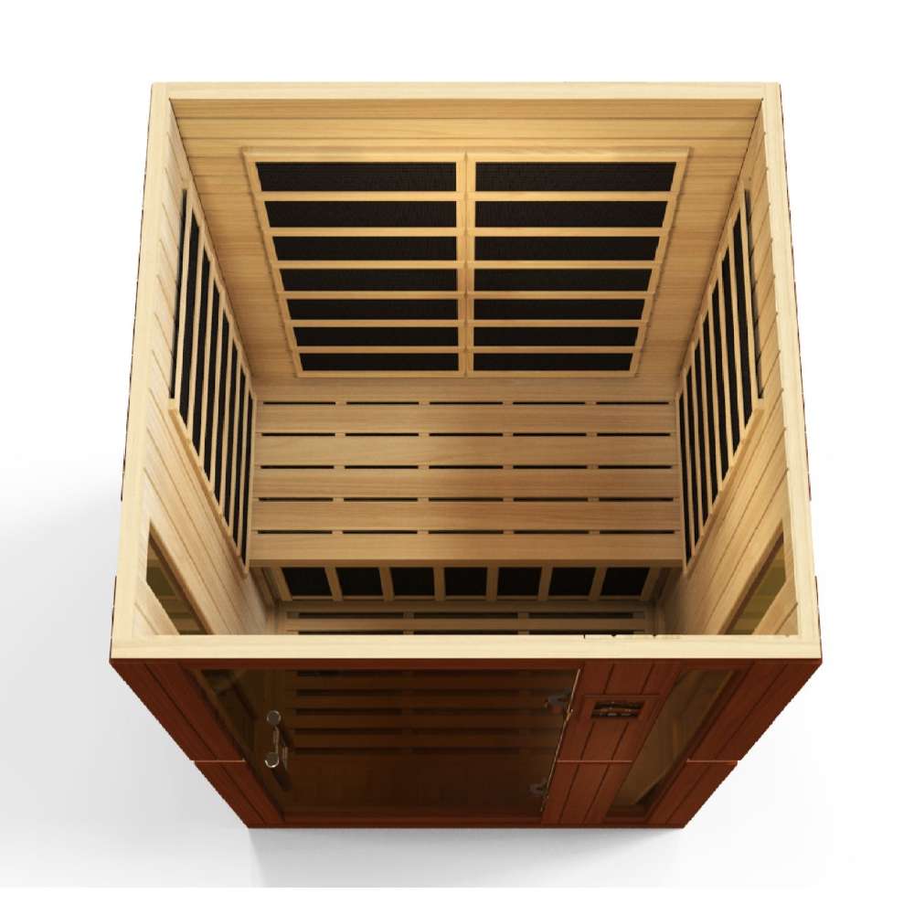 Overhead view looking into Golden Designs Dynamic Vittoria 2 Person Low EMF Far Infrared Sauna with carbon panels on every wall