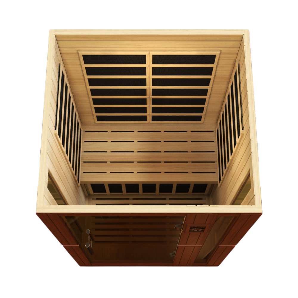 Overhead view looking into Golden Designs Dynamic Vittoria Elite 2 Person Ultra Low EMF Far Infrared Sauna with carbon panels on every wall