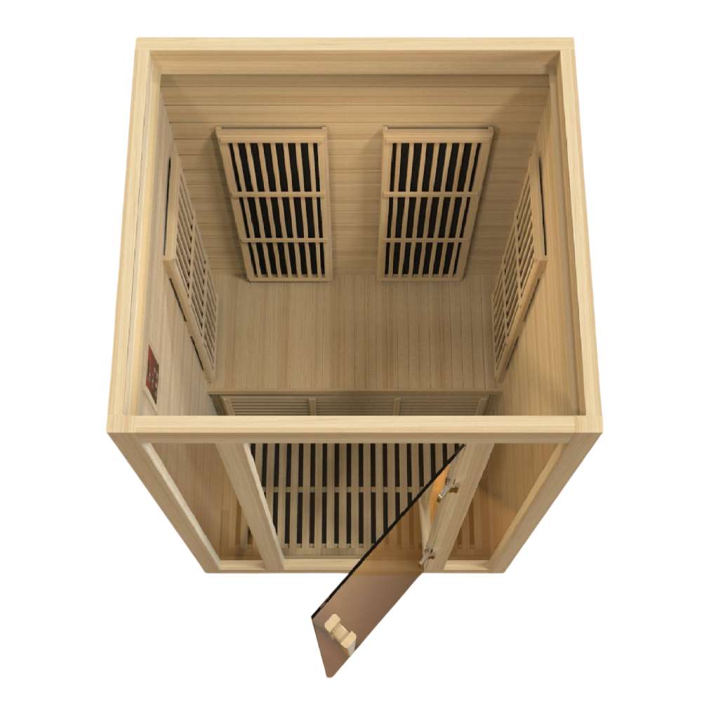 Overhead view of Golden Designs Maxxus Seattle 2 Person Low EMF Far Infrared Sauna with the glass door swung open and carbon panels inside