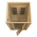 Overhead view of Golden Designs Maxxus Seattle 2 Person Low EMF Far Infrared Sauna with the glass door swung open and carbon panels inside
