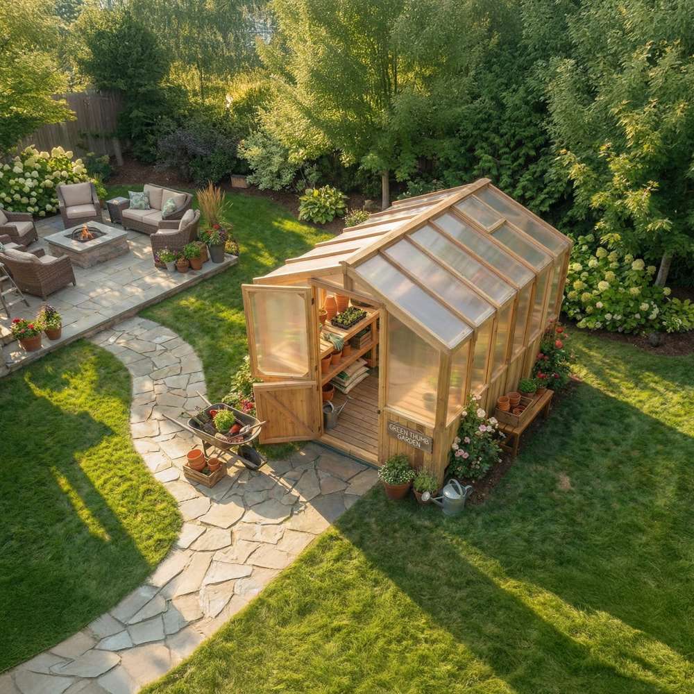 Overhead view shows a stone path leading to the 8x12 Outdoor Living Today Western Red Cedar Greenhouse Kit in a landscaped garden