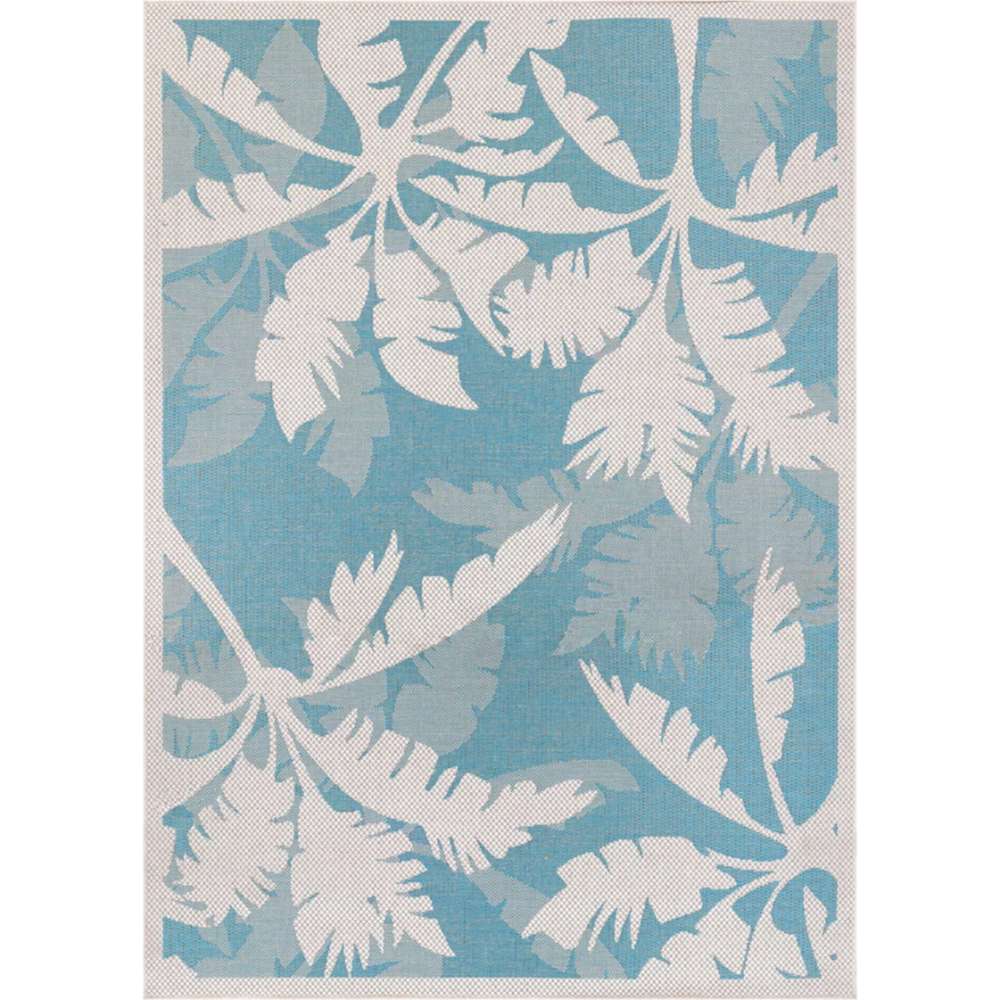 Overhead view highlights the full palm leaf pattern of Couristan Monaco Indoor/Outdoor Rug - Coastal Flora/Ivory-Turquoise