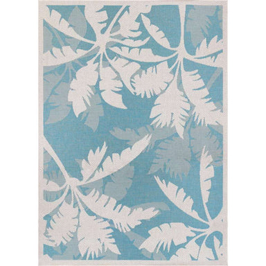 Overhead view highlights the full palm leaf pattern of Couristan Monaco Indoor/Outdoor Rug - Coastal Flora/Ivory-Turquoise