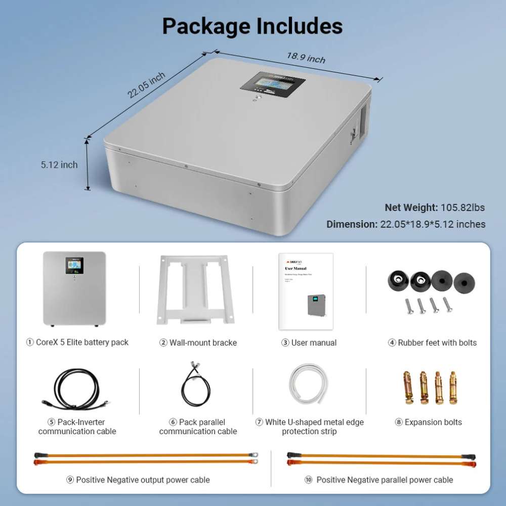 Package contents for Sun Gold Power CoreX 5 Elite Wall-Mounted 48V 100Ah Residential Energy Storage Battery Pack, including mounting hardware, cables, manual, and accessories