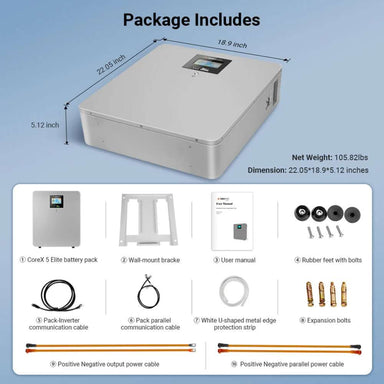 Package contents for Sun Gold Power CoreX 5 Elite Wall-Mounted 48V 100Ah Residential Energy Storage Battery Pack, including mounting hardware, cables, manual, and accessories