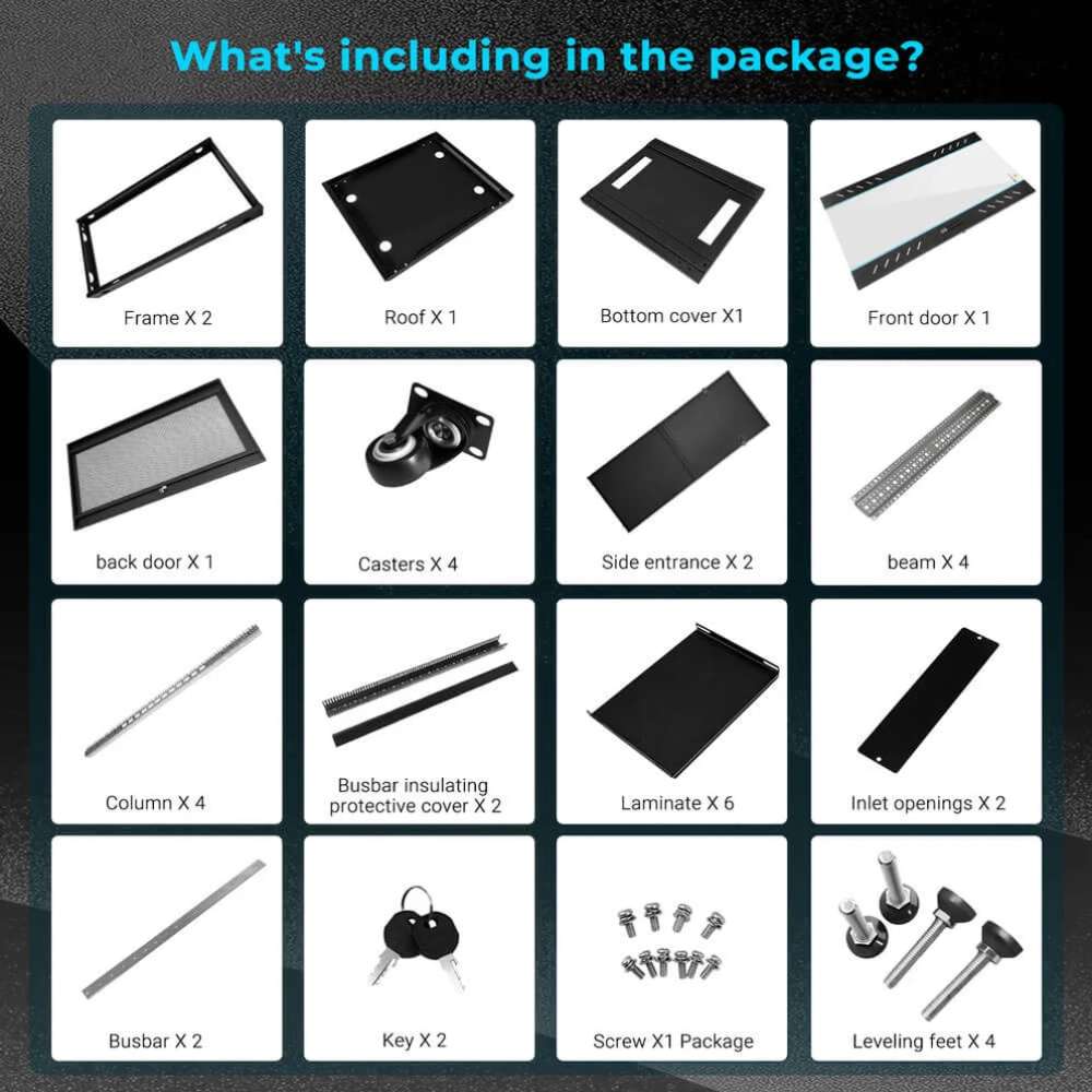 Package contents for Sun Gold Power Enclosed Battery Cabinet 6 Slot with Bus Bar, including shelves, busbars, casters, keys, and hardware