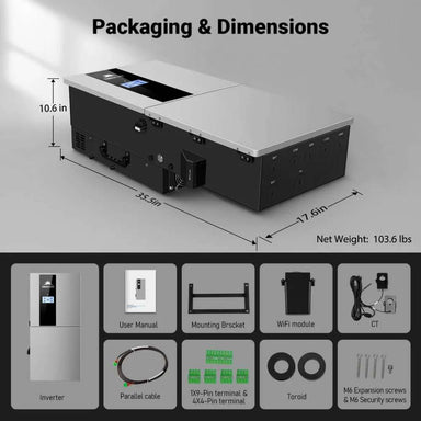 Packaging for Sun Gold Power 11400W 48V Split Phase Hybrid Solar Inverter with dimensions, accessories, and mounting hardware included