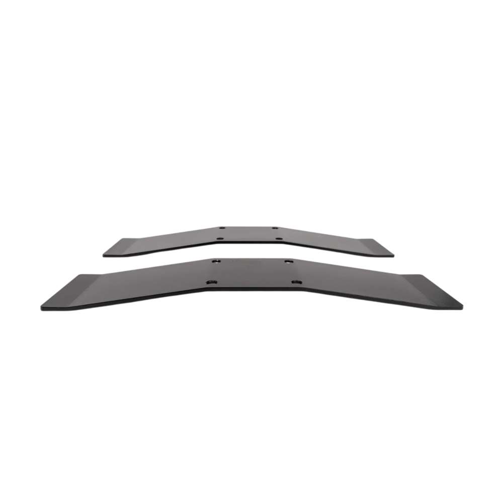 Pair of black metal GIK Acoustics Freestand Feet displayed separately, showing their angled shape and mounting holes