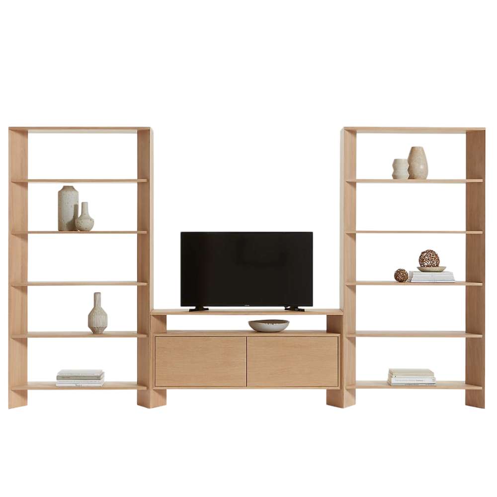 Paired with a matching TV console, Crate & Barrel Terrazza 38" Natural Solid Oak Wood 5-Shelf Storage Bookshelf creates a clean and balanced entertainment center