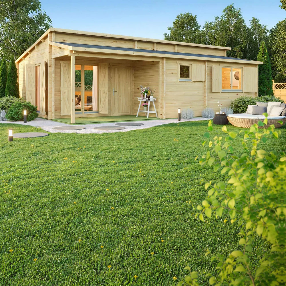 A bright and welcoming exterior photo shows the front porch, entry doors, and lush garden surrounding the GardenHouse24 USA Pamplona 70 Garden Room