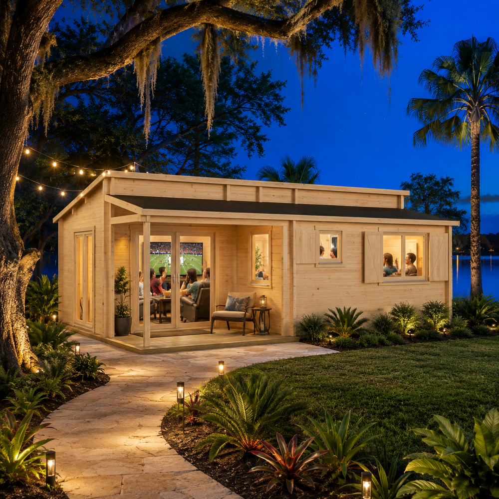 Pamplona 70 glowing brightly at night as family and friends watch sports inside, surrounded by illuminated tropical landscaping beside a Central Florida lake.