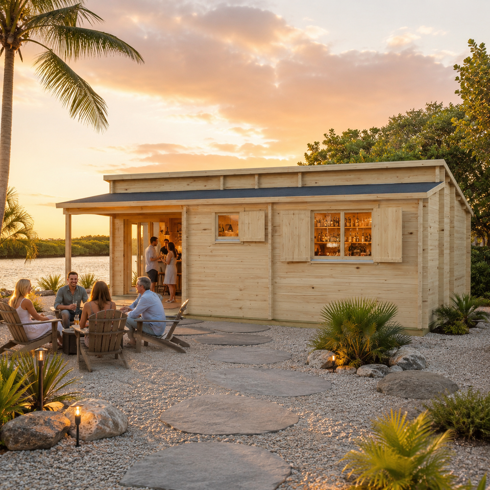 Pamplona 70 transformed into an upscale golden-hour backyard bar, with adults socializing beside a landscaped Florida Keys waterfront.